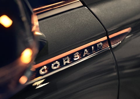The stylish chrome badge reading “CORSAIR” is shown on the exterior of the vehicle. | Mike Carpino Lincoln in Pittsburg KS